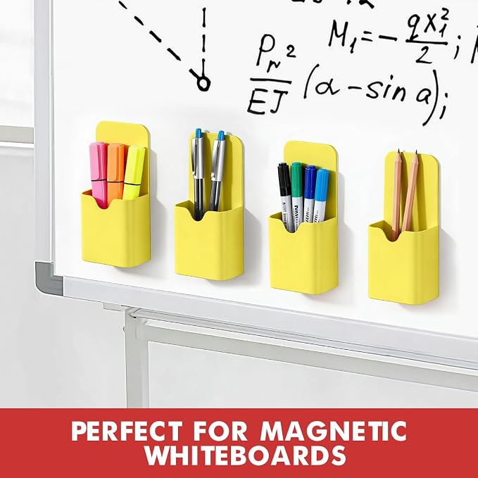 BEYGORM 4 Pack Magnetic Pen Holder for Whiteboard, Upgraded 1.5 mm Pencil Cup Organizer for Dry Erase Markers, Ideal Classroom, Office, Refrigerator, Locker (Yellow)