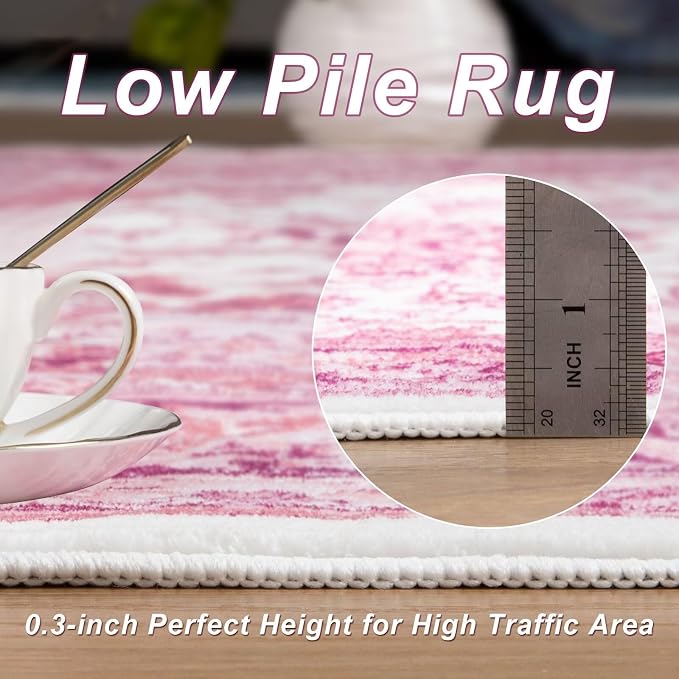 Macgace Bright Pink Area Rug for Girls Bedroom, 4x6 Machine Washable Rugs with Non-Slip Backing for Living Room, Cute Vintage Carpet for Kitchen Laundry Kids Room