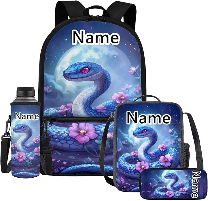WELLFLYHOM Personalized Snake Kids School Backpack Elementary Book Bag for Girls Back Pack with Lunch Bag Pencil Case Water Bottle Cover Moon Flower Kids Daycare Bag Gift for Kids