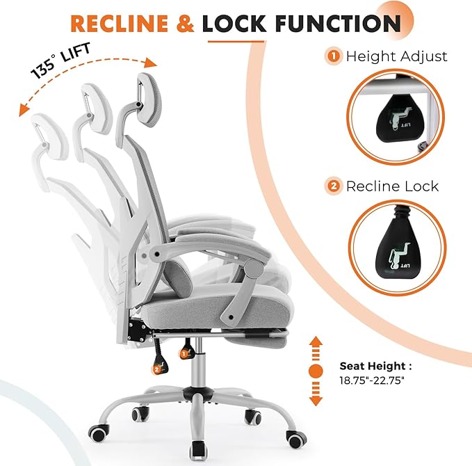 Sweetcrispy Office Computer Desk Chair Set of 2, Ergonomic High-Back Mesh Rolling Work Swivel Chairs with Wheels, Comfortable Lumbar Support, Comfy Arms for Home, Bedroom, Study, Student, Light Grey