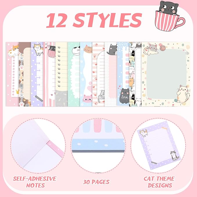 12 Pieces Cats Sticky Notes Cute Cat Gift Self Stick Notepads 3x4 Inch Kawaii Memo Notes for Animal Lover Cartoon Animal to Do List for Office Home Supplies Roommates Gift