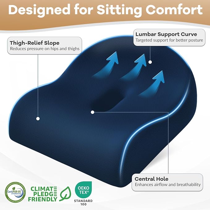 Ergonomic Memory Foam Seat Cushion for Office Chair, Blue | Wheelchair Cushions for Tailbone, Hip, Sciatica Support, Soft & Breathable, Chair Pad for Long Sitting, Driving
