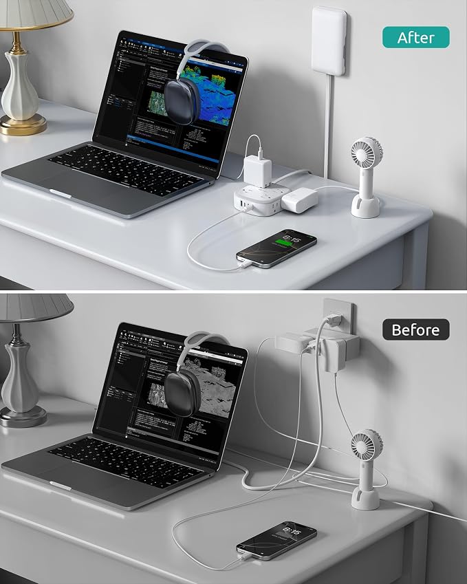 Outlet Cover Extension Cord Flat 6ft, NUTICT Flat Plug Power Strip with 8 Outlets & 3 USB-C & 1 USB-A Port, 13A/1625W, 1440J Surge Protector, Indoor 3 Prong Flat Wall Plug for Tight Spaces, White