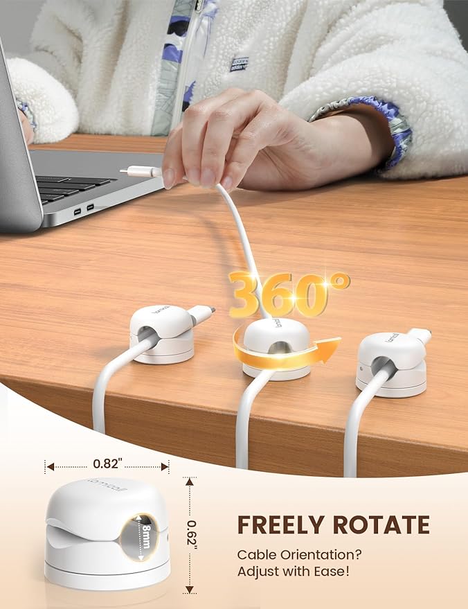 Lamicall 6Pack Rotatable Cord Organizer Cable Clips - [1s Lock] Spring Cord Holder, Phone Charger Cable Management for Desk Nightstand Wall, Office Home Dorm Room Apartment Organizer Accessories
