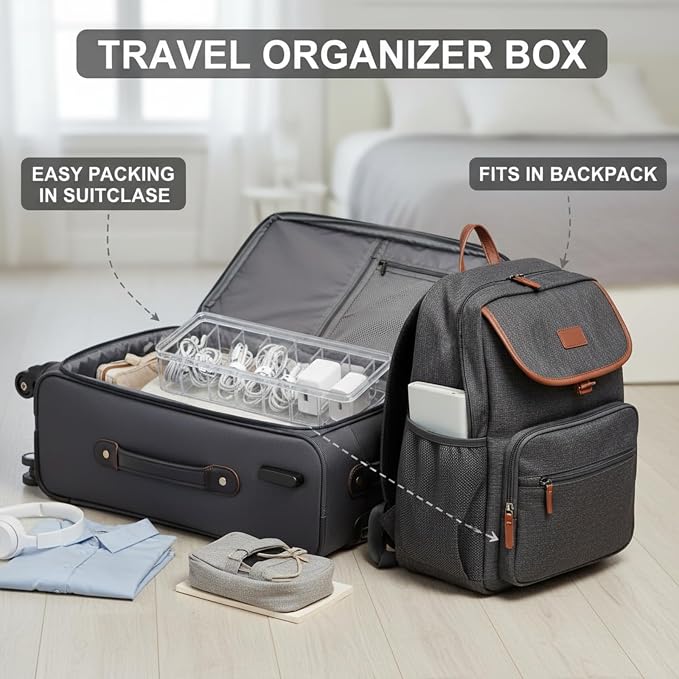 Tatuo 6 Pcs Cord Organizer for Drawer Desktop, Cable Organizer Box with 8 Compartments and Wire Ties, Plastic Charger Storage with Lid, Electronics Case for Home Office Accessories (Small,Clear)