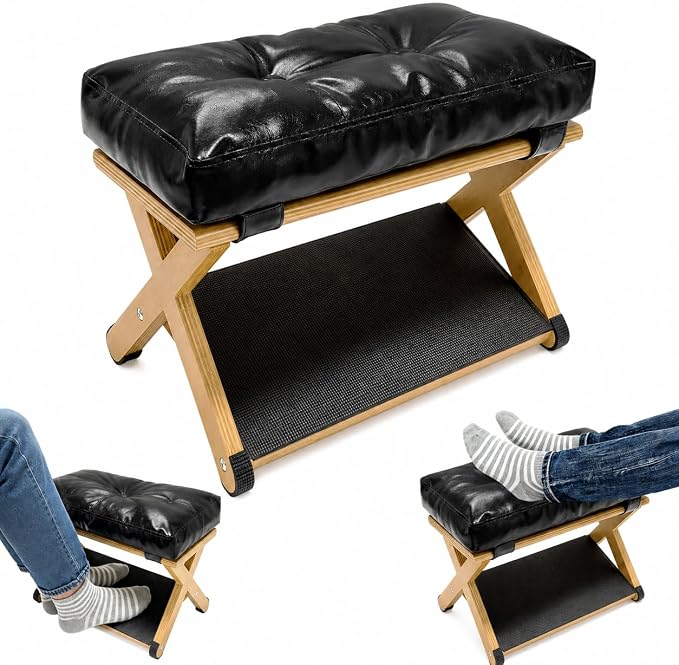 Double Step Foot Rest Under Desk, Ergonomic Foot Stool with Cushioned Top & Non-Slip Surface, Wooden Under Desk Footrest for Work, Office Chair, Home & Gaming