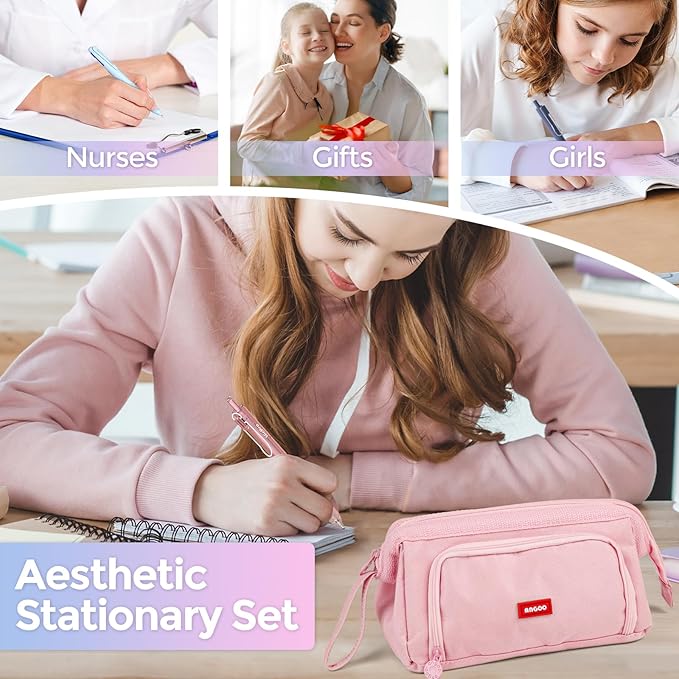 Nicpro 55PCS Aesthetic School Supplies with Pencil Case, 12 Pastel Highlighters, 11 Gel Pens, 6 Mechanical Pencils & Accessories, Cute Stationery Kit for Girls, Back to School Student Essentials