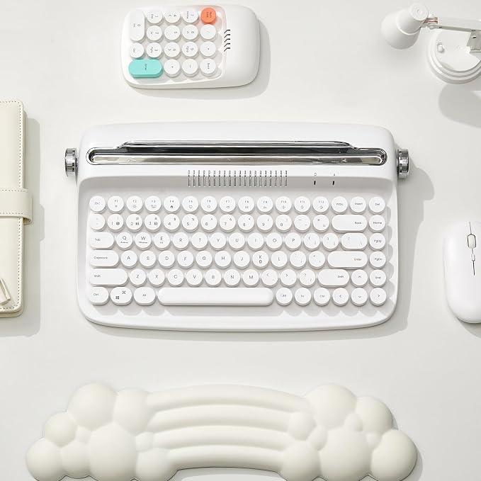 YUNZII ACTTO B303 Wireless Keyboard, Retro Bluetooth Aesthetic Typewriter Style Keyboard with Integrated Stand for Multi-Device (Snow White, B303)