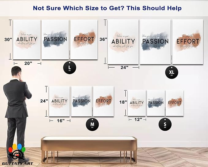 3 Piece Inspirational Wall Art - ABILITY PASSION EFFORT Motivational Quotes Canvas Print for Men Room Decor, Office Wall Art Pictures, Inspirational Poster Framed Artwork for School Decor 12”x18”x3Pcs