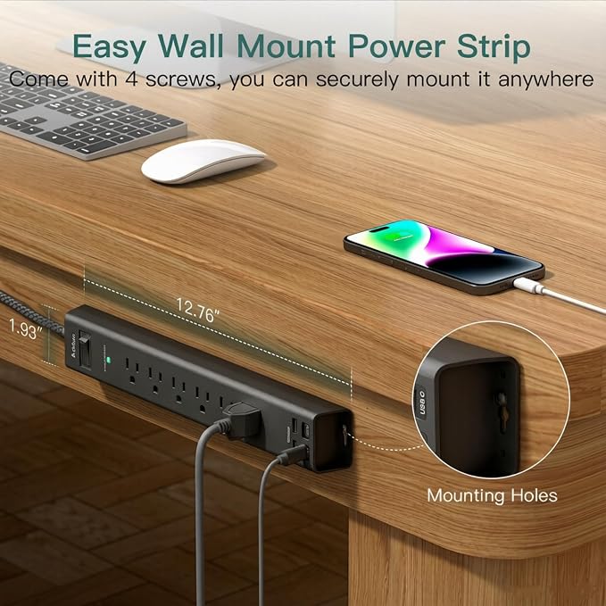 Addtam 15Ft Power Strip Surge Protector with 6 Outlets and 4 USB Ports (2 USB-C), 15FT Long Extension Cord, Flat Plug Multi Outlet Extension Cord for Home, Office, Garage and Workshop