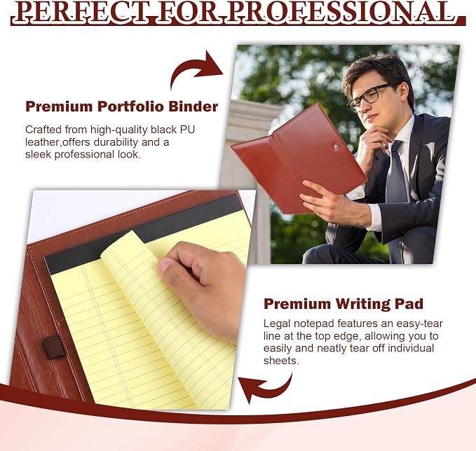 1Pack Legal Size Portfolio Padfolio PU Leather with 8.5 x 14 inch Tearable Legal Pad Holder 50 Sheets Leather Portfolio Folder Binder for Interview Attorneys Business Brown