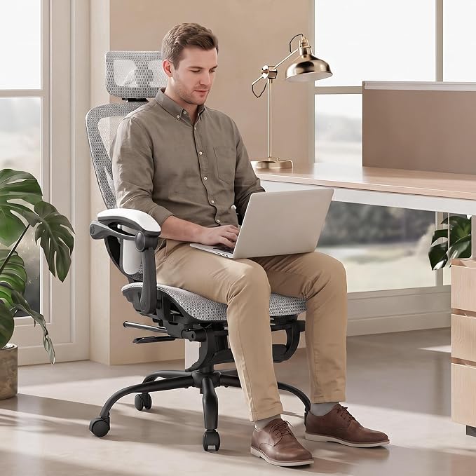 MALOL Ergonomic Mesh Office Chair with Footrest, Executive High Back Computer Desk Chair with 3D Adjustable Headrest & 5-Level Lumbar Support, Track Armrest, Tilt Lock, 300LBS, White