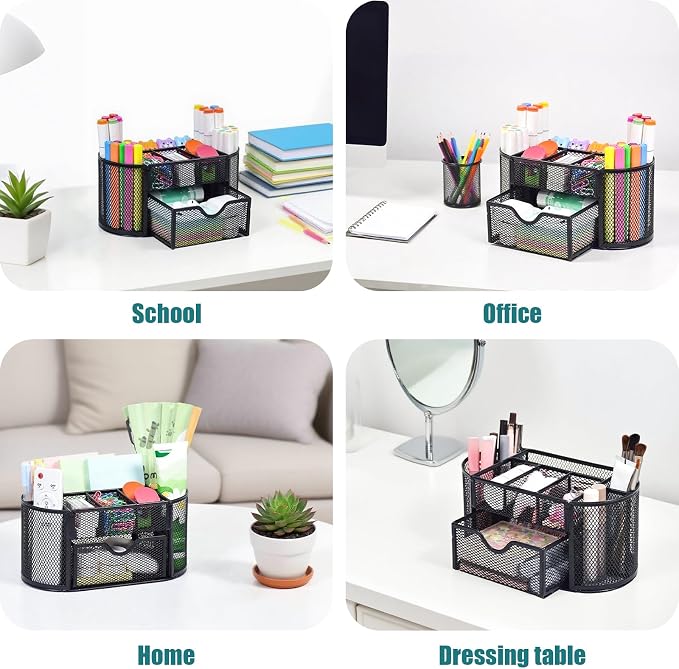 SAYEEC Mesh Desk Organizer Black Pen Holder for Desk Wire Desktop Organizer with 8 Compartments & Drawer Multi-Functional Metal Pencil Cup Caddy Holder Office Supply Storage Organizers for School Home