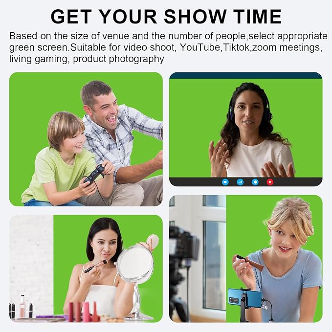 LIHONG 59.8x78.7in Pop Up Green Screen Collapsible Chroma Key Backdrop,Portable Retractable Photo Background with Stand for Tiktok Video, Live Game,Pull-up&Down Style