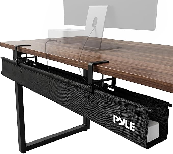 Pyle 48" Under Desk Cable Management Tray, Under Desk Wire Organizer with Clamp or Screw Mount, Desk Cable Organizer with Fabric Design for Large Workstations, Built-in Ties, 20 lb Capacity, Black