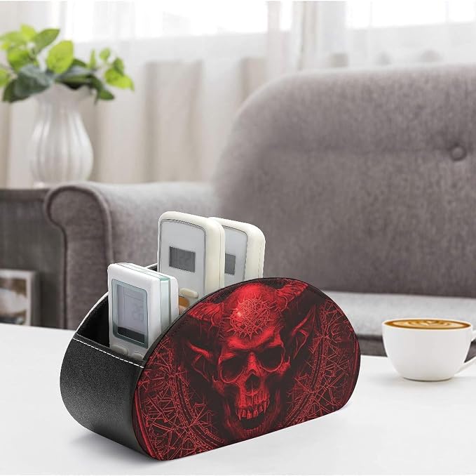 Demon Skull And Horns Remote Organizer Caddy for Table Remote Control Holder Leather TV Remotes Holder with 5 Compartments Remotes Caddy Media Storage Box for Desktop Organization