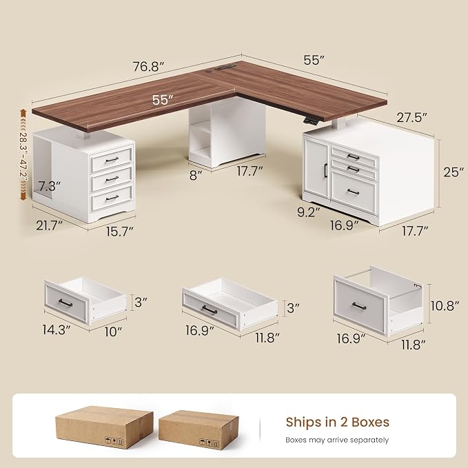 SEDETA Farmhouse L Shaped Electric Standing Desk with File Cabinet, 77 x 55'' Height Adjustable Home Office Computer Desk with 6 Drawers, Power Outlet, Sit Stand Desk, White