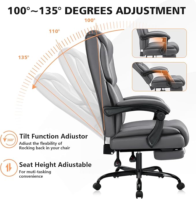 WAILOR 400lbs Office Chair with Foot Rest, Reclining Big and Tall Office Chair with Lumbar Support, High Back PU Leather Computer Chair,Comfy Desk Chair for Home Office (Gray)