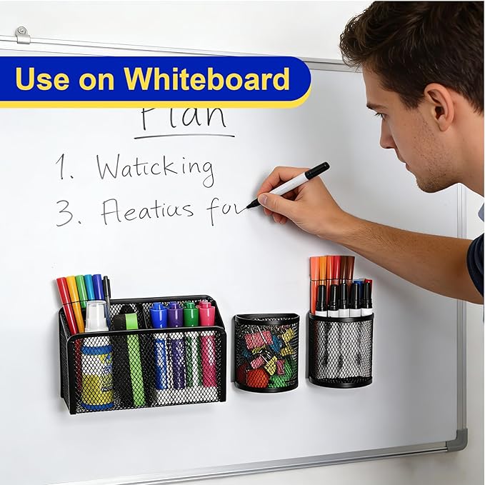 BEYGORM Magnetic Dry Erase Marker Holder for Whiteboard, Mesh Pen & Pencil Holder for Refrigerator, Strong Magnetic Basket for School Locker, Office & Classroom Organizer (Black, 3-Pack)