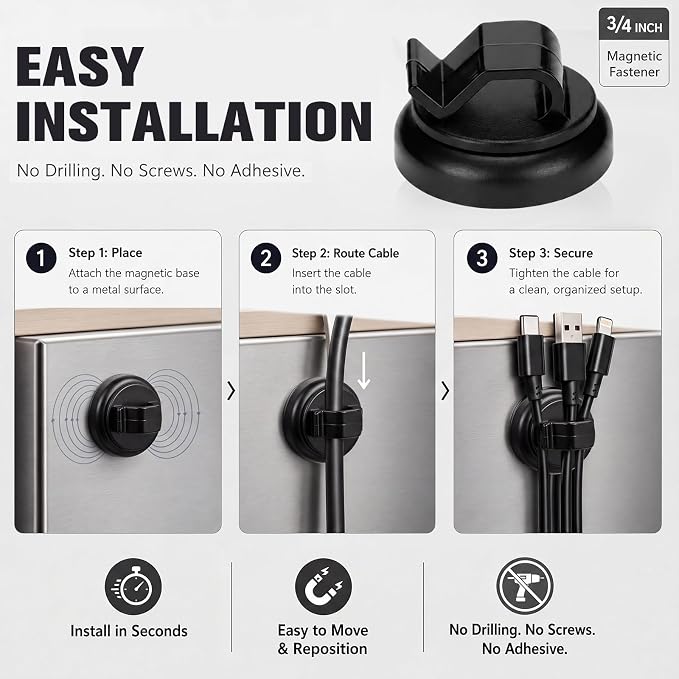Shimeyao 10pcs Magnetic Fasteners, 3/4" Magnetic Cable Holder, 23lbs Pull Force Zip Tie Mount Base, Durable Cable Organizer for Home Office Marine Electrical Wiring