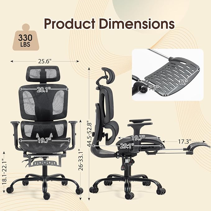 ECOTOUGE Black Ergonomic High Back Mesh Office Chair with Footrest | Adjustable Lumbar Support, Headrest, 360° Swivel, Reclining, Rolling Casters, Sturdy Base, for Home Office & Gaming