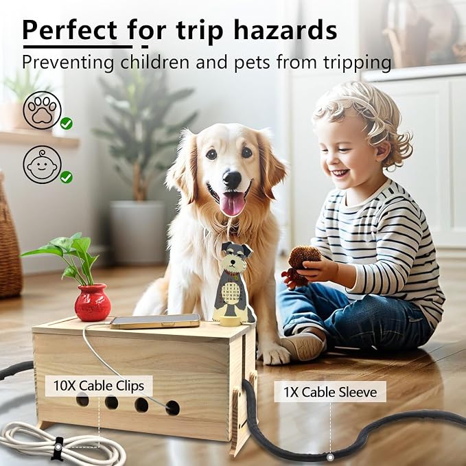 Large Wood Cable Management Box, Natural Cord Organizer 14.2" | Hides power strips & TV wires, 14.2 x 6 x 6.3 inches,Ideal for home & office organization