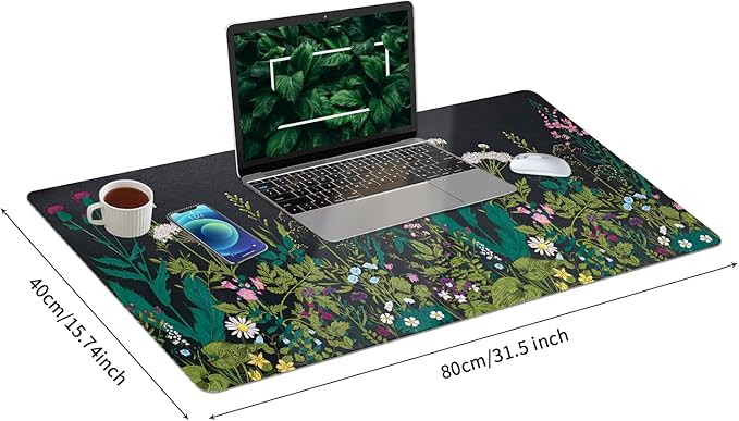 Bloss Green Desk Mat, Leather Desk Pad, Oil Painting Like Large Mouse Pad, Desk Pad Mat Waterproof, Computer Mat for Office Work/Home/Decor/Desk Protector(31.5 x 15.7 Inches)