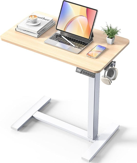 28"x 16" Electric Overbed Table, Rolling Laptop Desk for Bed, Oak | Height Adjustable Bedside Desk with Hidden Wheels, Mobile Standing Desk for Sofa, Home Office & Hospital Use