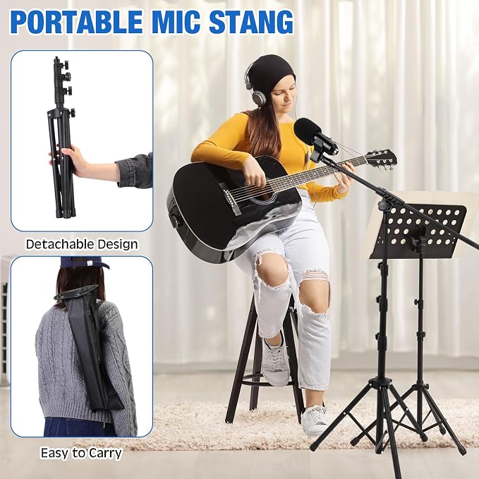 Relaxweex 8 Pcs 4 Pcs Tripod Microphone Stand Boom Arm Floor Mic Stand with Carrying Bag and Mic Clips for Singing Stage Wedding Karaoke Church (Classic Style)