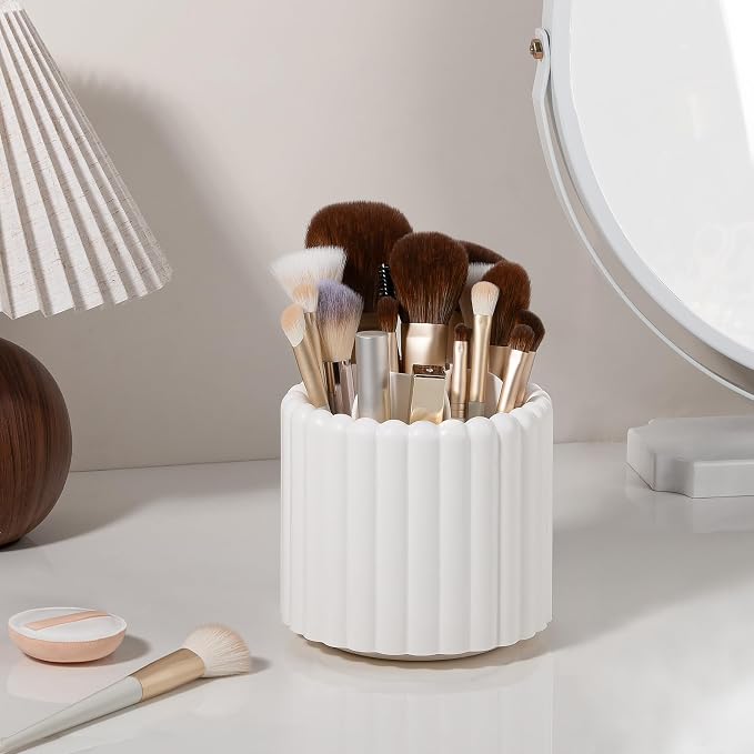 360° Rotating Pen Holder for Desk Removable Pencil Organizer, White | 7 Slots Pen Cup Cute Office Supplies and Accessories Plastic Desktop Storage Box Art Caddy for School, Work, Home