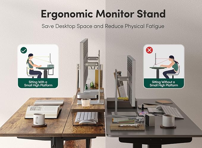 FEZIBO 55" Electric Standing Desk with Shelves, 55x24 Inches Sit Stand Rising Computer Desk with Monitor Shelf, Home Office Desks with Hook, Adjustable Height Stand Up Workstation Table, Rustic Brown