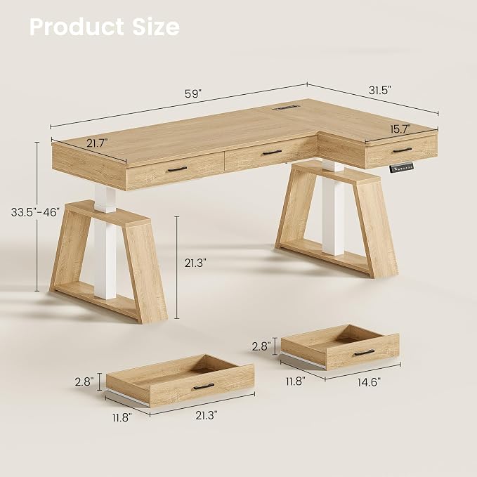 SEDETA 59 Inch L Shaped Electric Standing Desk with Drawers, Executive Adjustable Desk with Power Outlets, Sit Stand Computer Table for Home Office, Oak