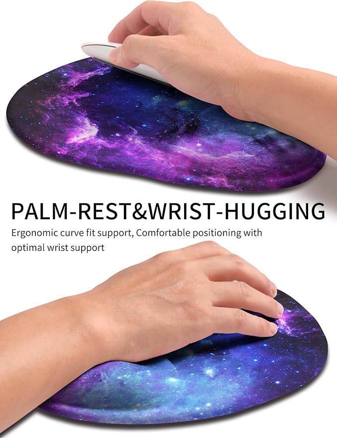 Palm-Rest and Wrist-Hugging Mouse Pad Wrist Rest, Ergonomic Wrist Support with Curve Fitting Cushioned Memory Foam for Carpal Tunnel Pain Relief, 9.9 x 8.3 Inch, Galaxy