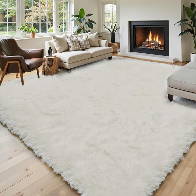 Area Rugs 10x14 Living Room, Shaggy Carpet Soft Plush Furry Bedside Rug Large Area Rugs for Bedroom Home Decor Anti Slip(10 x 14, Cream)
