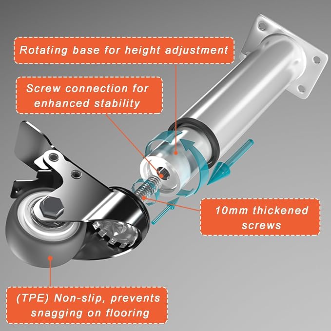 Mobile Metal Table Legs Equipped with Wheels Height-Adjustable Powder-Coated Finish Water Proof and Rustproof 300kg Load Ability Easy Assembly (4-Piece Set)