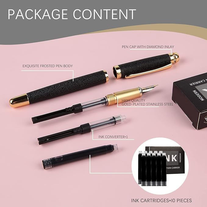fountain pen-Multiple color styles with rhinestone,diamond inlay and frosted finish,Cute pens,Luxury pen,Office pens,Best pen set,Includes 10 Ink Cartridges and Ink Refill Converter(Black)