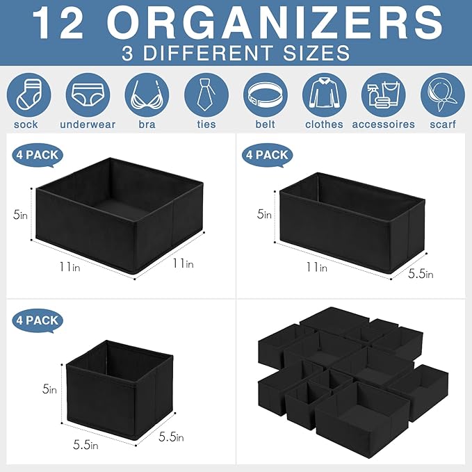 Drawer Organizer Clothes 12 Pack - Odorless Closet Organizers and Storage for Sock Underwear Bra - Dresser Organizador for Bedroom Organization -Nursery Drawer Divider Trays for Baby Clothes