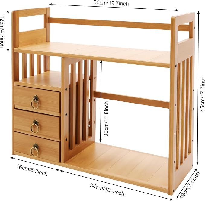 Bamboo Desktop Bookshelf, Desk Organizer Display Shelf with 3 Drawers, Counter Top Bookcase Wood Tone Display Shelf Rack Multipurpose Bookshelf for Home Office
