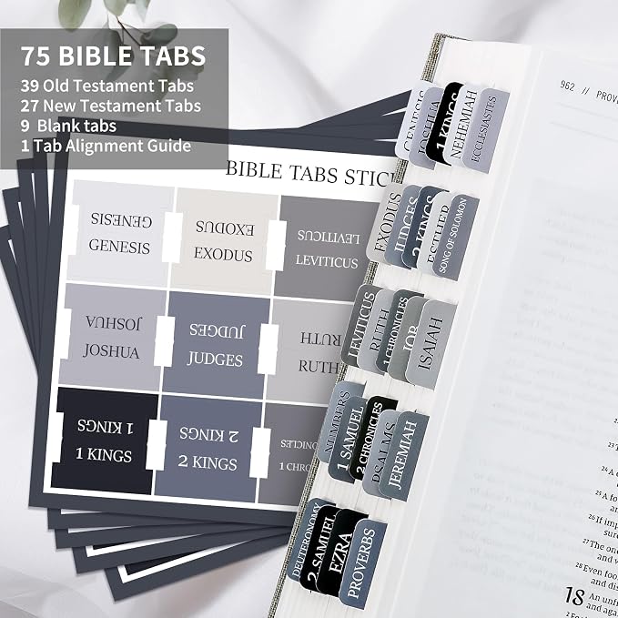 Bible Tabs for Women & Men, Bible Tabs for Study Bible, Large Print Bible Tabs for Easy Navigation, Bible Index Tabs, 66 Tabs Old & New Testament, Extra 9 Blank Tabs - Gray