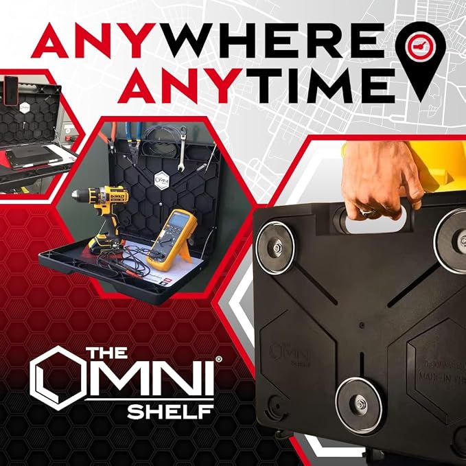 The OmniShelf Magnetic Portable Workstation + Toolbox, Computer & Laptop Stand, Multimeter Case, Utility Shelf w/ 50 lb Capacity, Hands Free Workstation Attaches to HVAC, Trucks & More (5 Count)