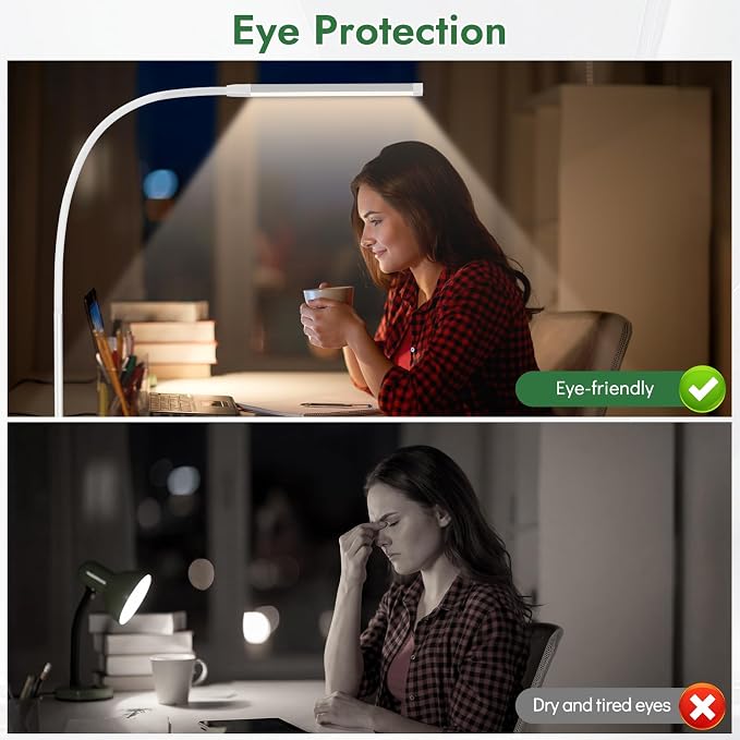 Clamp Lamp for Desk, Eye-Caring LED Clip Light (White) | 27" Tall Flexible Arm, 3 Color Modes 10 Brightness, USB-Powered with 5V/2A Adapter