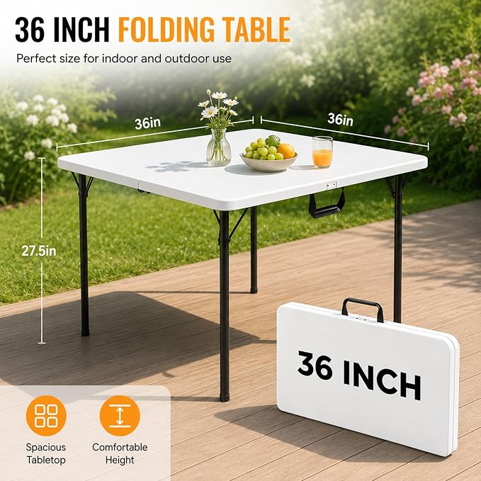 36" Square Folding Table 2 Pack, Portable Card Table with Built-in Handle, Heavy Duty Foldable Table No Assembly, for Camping, Picnic, BBQ, Party, Indoor Outdoor Use, White