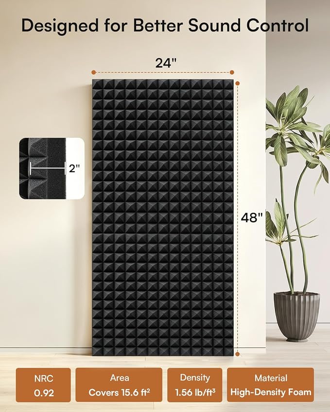 SODOCT 2 Pack Large Pyramid Acoustic Foam Panels, 48 x 24 x 2 Inches High Density Sound Proof Foam for Walls, Professional Sound Absorbing Studio Panels for Home Theater, Recording (Black)