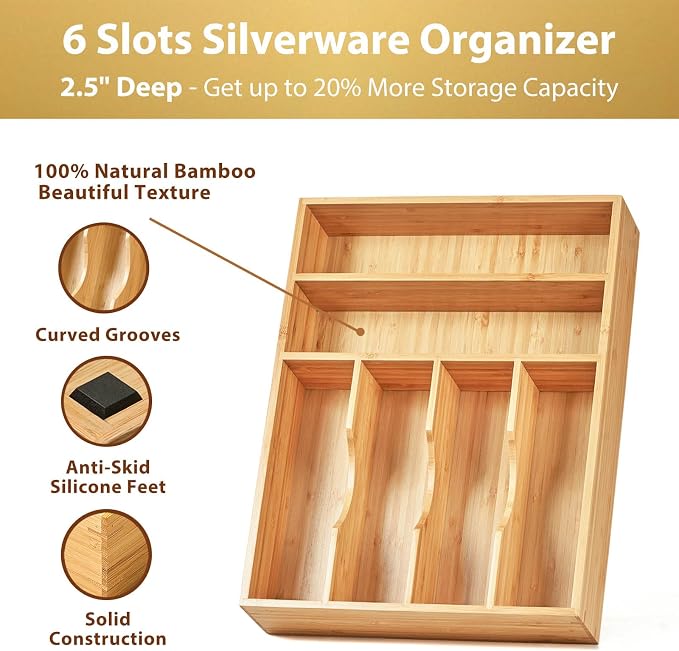 Kitchen Drawer Organizer, 12 Inch Silverware Utensil Tray Holder, Extra Deep, with Non-Slip Feet & Grooved Drawer Divider, 6 Slots Total Bamboo Wood Caddy for Flatware Cutlery Knives