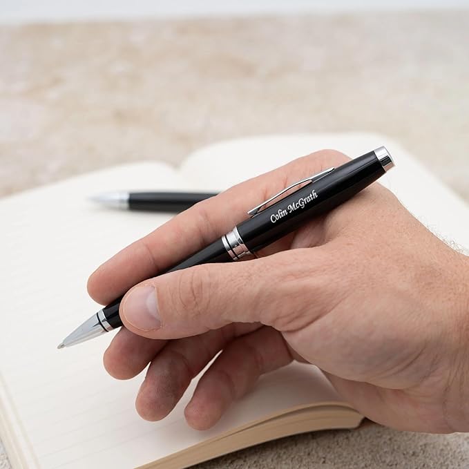 Dayspring Pens Engraved Cross Pen | Personalized Cross Coventry Ballpoint Pen and Pencil Set Black Lacquer. Engraved in Silver. Affordable Luxury Pen in Gift Box. Twist-Action Black Ink.