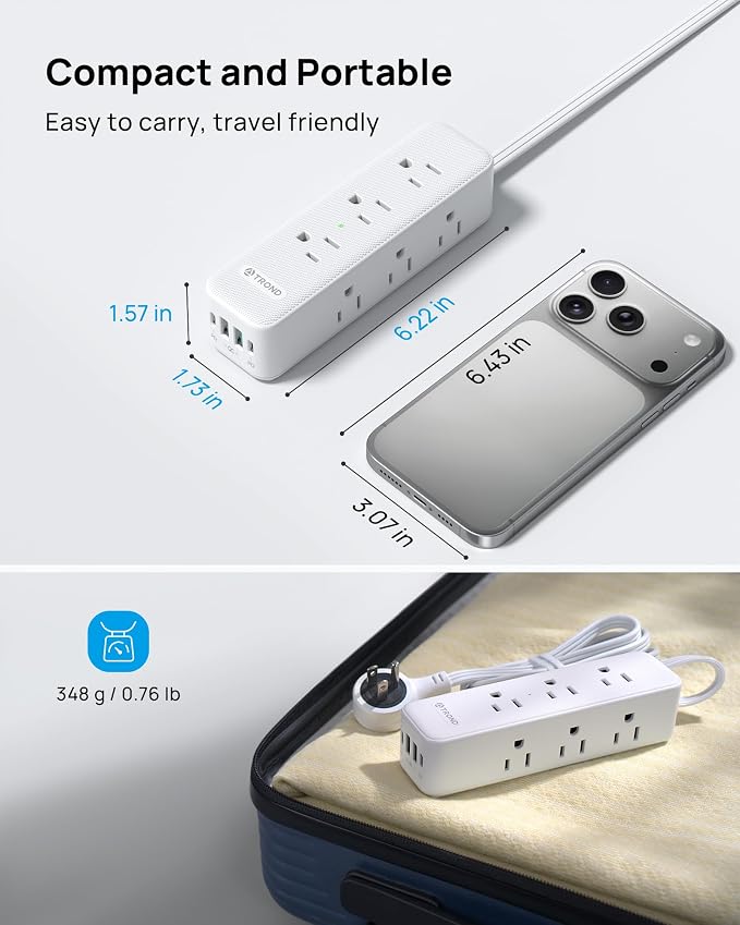 TROND 360° Rotating Flat Plug Power Strip with USB PD 20W, 5FT Flat Extension Cord Surge Protector 1300J with 9 Outlets 4 USB Ports, Wall Mountable, for Home Office Travel Dorm Room Essentials, White