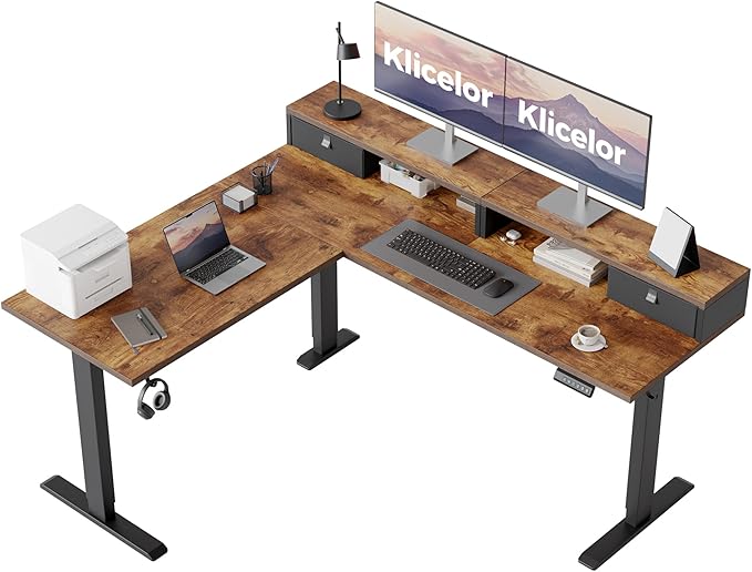 Klicelor L Shaped Electric Standing Desk 63 x 55.1 inch with Shelf, Height Adjustable Corner Desk, Sit Stand Desk with Storage Shelf, Home Office Computer Table, Rustic Brown