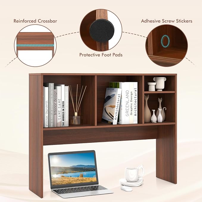Tangkula Desktop Bookshelf, Countertop Storage Hutch with 4 Shelves for Computer Desk, Desktop 2-Tier Display Rack, Multipurpose Wood Desk Hutch Storage Organizer for Dorm Office Home (Walnut)
