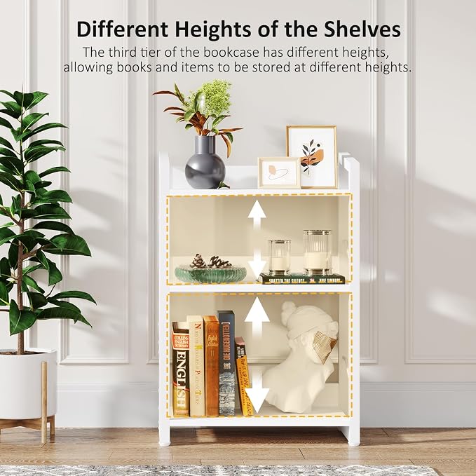 Hosfais Book Shelf Small Bookshelf - 3-Tier Wood Bookcase Industrial Bookshelf Metal Narrow Bookcase Storage Organizer Display Rack for Bedroom Living Room Home Office (White)