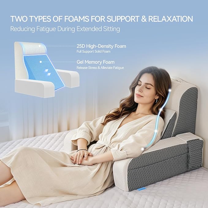 Kayfia Reading Pillow, Gel Memory Foam Back Rest Pillow, 19", White | 3 Storage Pockets, Dual-Use Back Leg Support Pillow, Detachable Armrests, Ideal for Reading, Gaming, Working on Bed & Couch